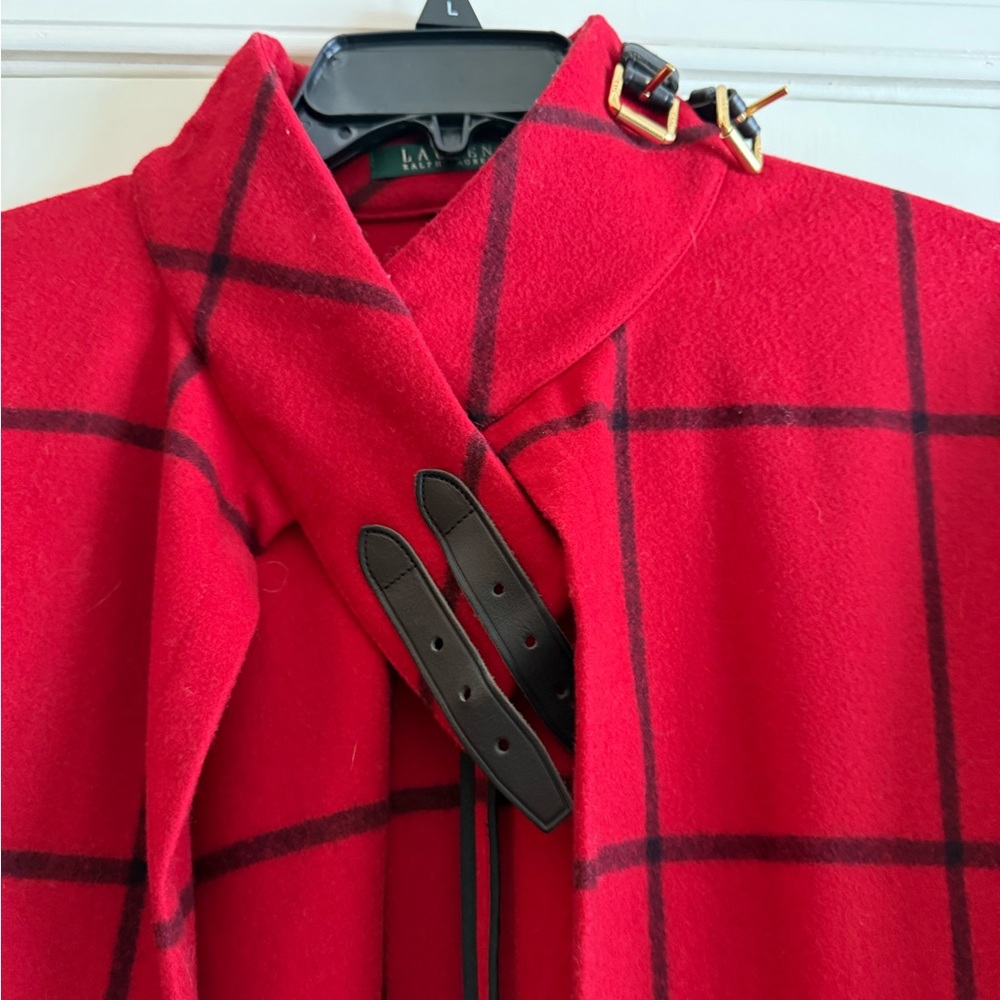 Ralph Lauren red and black plaid wool cape
